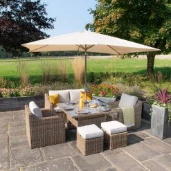 'Peony' Luxury Rattan 6 Seater Modular Garden Sofa Set with Square Rising Table and Parasol by Primrose Living -Garden Furniture Shop Natural FU102230 9 FullSet 677c