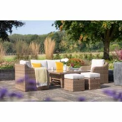 'Peony' Luxury Rattan 6 Seater Modular Garden Sofa Set with Square Rising Table and Parasol by Primrose Living -Garden Furniture Shop Natural FU102230 FullSetFlowerNoPara e12e