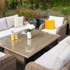 'Peony' Luxury Rattan 8 Seater Modular Garden Sofa Set with Rising Table and Parasol by Primrose Living -Garden Furniture Shop Natural FU102233 9 TableChairsSofa a405