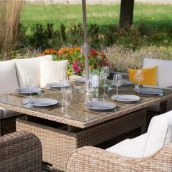 'Peony' Luxury Rattan 8 Seater Modular Garden Sofa Set with Rising Table and Parasol by Primrose Living -Garden Furniture Shop Natural FU102233 SullSetCloseClose 664b