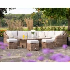 'Peony' Luxury Rattan 9 Seater Modular Garden Sofa Set with Rising Rectangular Table and Footstools by Primrose Living -Garden Furniture Shop Natural FU102237 FullSetFarFlower fee3