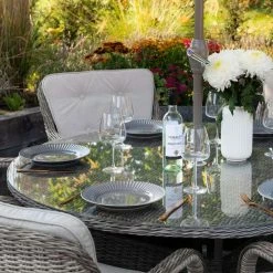 Luxury 6 Seater Circular Garden Dining Set in Stone Rattan by Primrose Living -Garden Furniture Shop Stone FU102244 2 Table 5f54