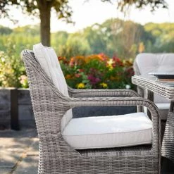 Luxury 6 Seater Circular Garden Dining Set in Stone Rattan by Primrose Living -Garden Furniture Shop Stone FU102244 3 ChairSide 2beb