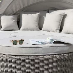 'Peony' Luxury Rattan Modular Daybed Sofa Set with Retractable Canopy in Stone by Primrose Living -Garden Furniture Shop Stone FU102247 3 CushionwithSunglasses bd4e