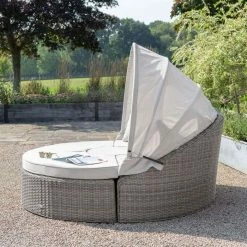 'Peony' Luxury Rattan Modular Daybed Sofa Set with Retractable Canopy in Stone by Primrose Living -Garden Furniture Shop Stone FU102247 4 DaybedSide 0b10