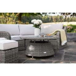 'Peony' Luxury Rattan 5 Seater Modular Garden Sofa Set with Coffee Table and Footstools in Stone by Primrose Living -Garden Furniture Shop Stone FU102248 3 Table 5586