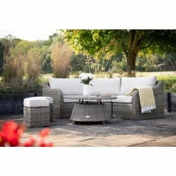'Peony' Luxury Rattan 5 Seater Modular Garden Sofa Set with Coffee Table and Footstools in Stone by Primrose Living -Garden Furniture Shop Stone FU102248 7 FullSetFlower b9ec