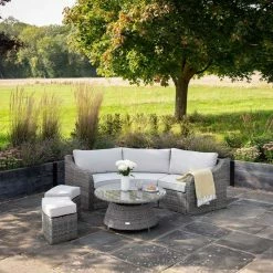 'Peony' Luxury Rattan 5 Seater Modular Garden Sofa Set with Coffee Table and Footstools in Stone by Primrose Living -Garden Furniture Shop Stone FU102248 9 FullSet2 26c1