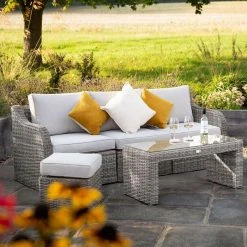 'Peony' Luxury Rattan 5 Seater Modular Garden Sofa Set with Open Coffee Table and Footstools in Stone by Primrose Living -Garden Furniture Shop Stone FU102252 7 FullSetFlower d095