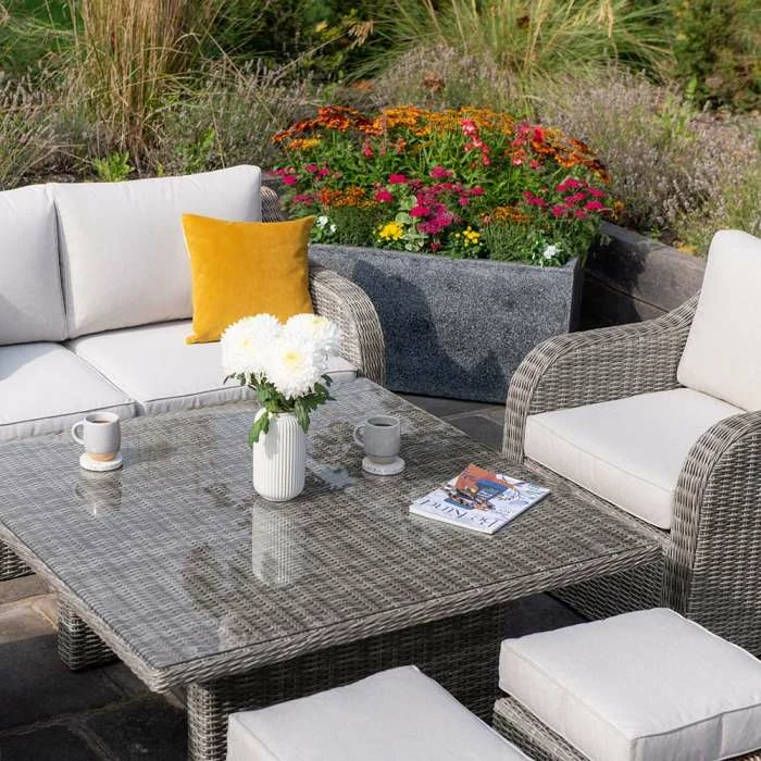 'Peony' Luxury Rattan 6 Seater Modular Garden Sofa Set with Square Rising Table and Parasol in Stone by Primrose Living 8 'Peony' Luxury Rattan 6 Seater Modular Garden Sofa Set with Square Rising Table and Parasol in Stone by Primrose Living - Image 8