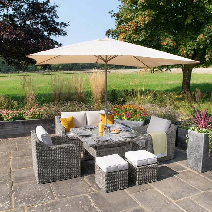 'Peony' Luxury Rattan 6 Seater Modular Garden Sofa Set with Square Rising Table and Parasol in Stone by Primrose Living 1 'Peony' Luxury Rattan 6 Seater Modular Garden Sofa Set with Square Rising Table and Parasol in Stone by Primrose Living