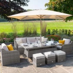'Peony' Luxury Rattan 8 Seater Modular Garden Sofa Set with Rectangular Table and Parasol in Stone by Primrose Living