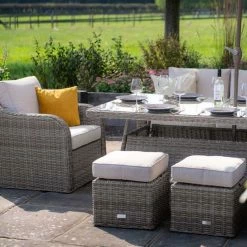 'Peony' Luxury Rattan 8 Seater Modular Garden Sofa Set with Rectangular Table and Parasol in Stone by Primrose Living 12 'Peony' Luxury Rattan 8 Seater Modular Garden Sofa Set with Rectangular Table and Parasol in Stone by Primrose Living -Garden Furniture Shop Stone FU102256 5 FootstoolsChairTable d256