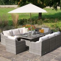 'Peony' Luxury Rattan 8 Seater Modular Garden Sofa Set with Rising Table and Parasol in Stone by Primrose Living
