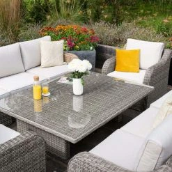 'Peony' Luxury Rattan 8 Seater Modular Garden Sofa Set with Rising Table and Parasol in Stone by Primrose Living -Garden Furniture Shop Stone FU102258 5 Table 70bc