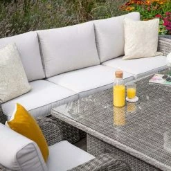 'Peony' Luxury Rattan 8 Seater Modular Garden Sofa Set with Rising Table and Parasol in Stone by Primrose Living -Garden Furniture Shop Stone FU102258 6 SofaTable 1d73