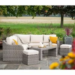 'Peony' Luxury Rattan 7 Seater Modular Garden Sofa Set with Coffee Table and Footstools in Stone by Primrose Living -Garden Furniture Shop Stone FU102259 FullSetFlower 7691