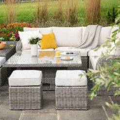 'Peony' Luxury Rattan 9 Seater Modular Garden Sofa Set with Square Rising Table and Footstools in Stone by Primrose Living -Garden Furniture Shop Stone FU102261 10 FullSetCloseFlower 2788