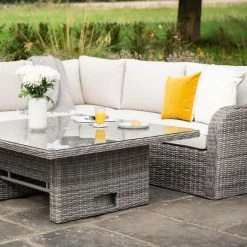 'Peony' Luxury Rattan 9 Seater Modular Garden Sofa Set with Square Rising Table and Footstools in Stone by Primrose Living -Garden Furniture Shop Stone FU102261 4 FullSetClose da33