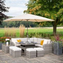 'Peony' Luxury Rattan 9 Seater Modular Garden Sofa Set with Square Rising Table and Footstools in Stone by Primrose Living