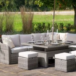 'Peony' Luxury Rattan 9 Seater Modular Garden Sofa Set with Rectangular Rising Table and Footstools in Stone by Primrose Living -Garden Furniture Shop Stone FU102262 6 FullSetCloseNoPara 3c9c