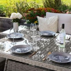 'Peony' Luxury Rattan 10 Seater Modular Garden Sofa Set with Rectangular Table in Stone by Primrose Living -Garden Furniture Shop Stone FU102264 2 TableClose 935f