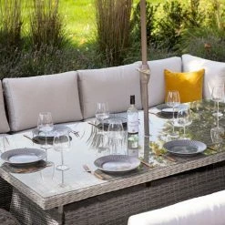 'Peony' Luxury Rattan 10 Seater Modular Garden Sofa Set with Rectangular Table in Stone by Primrose Living -Garden Furniture Shop Stone FU102264 6 TableClose2 b35c