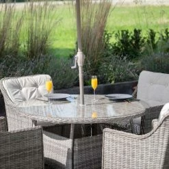 Luxury 4 Seater Circular Garden Dining Set in Stone Rattan by Primrose Living -Garden Furniture Shop Stone FU102243 3 FullSetClose2 a86b