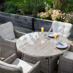 Luxury 4 Seater Circular Garden Dining Set in Stone Rattan by Primrose Living -Garden Furniture Shop Stone FU102243 5 TableChairFar cd92