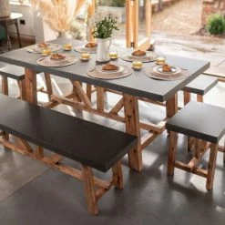 Rustic Cement & Acacia Wood 6 Seater Dining Set With Benches by Primrose Living -Garden Furniture Shop Wood Cement FullSetInside2 bcbd