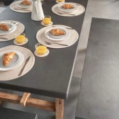 Rustic Cement & Acacia Wood 6 Seater Dining Set With Benches by Primrose Living -Garden Furniture Shop Wood Cement TableTop 8483