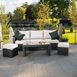 'Iris' Luxury Rattan 5 Seater Garden Sofa Set with Open Coffee Table in Stone by Primrose Living