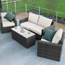 'Iris' Luxury Rattan 4 Seater Garden Sofa Set with Coffee Table in Stone by Primrose Living -Garden Furniture Shop fu102412 fullsetoff2 02e1