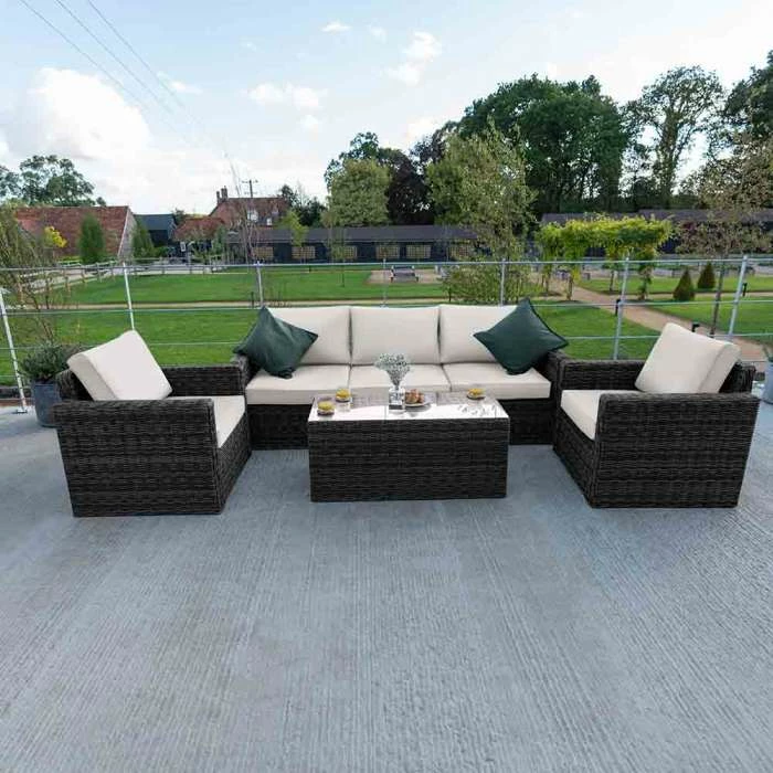 'Iris' Luxury Rattan 5 Seater Garden Sofa Set with Box Coffee Table in Stone by Primrose Living 1 'Iris' Luxury Rattan 5 Seater Garden Sofa Set with Box Coffee Table in Stone by Primrose Living