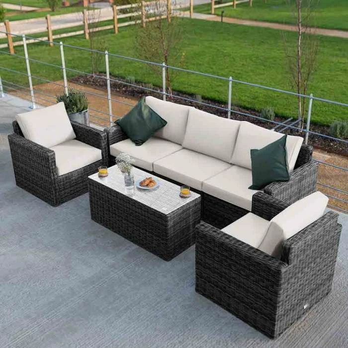 'Iris' Luxury Rattan 5 Seater Garden Sofa Set with Box Coffee Table in Stone by Primrose Living 3 'Iris' Luxury Rattan 5 Seater Garden Sofa Set with Box Coffee Table in Stone by Primrose Living - Image 3