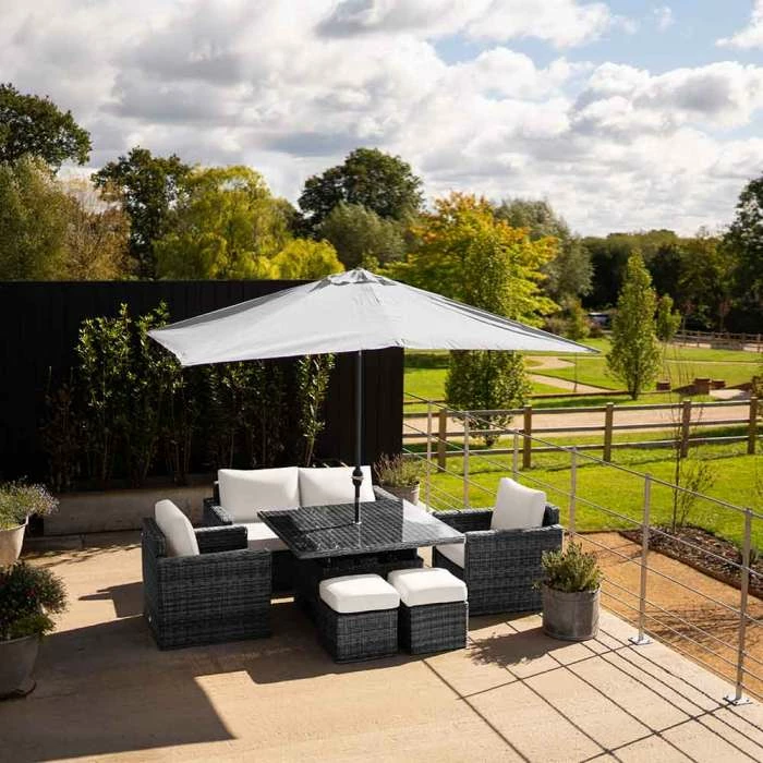 'Iris' Luxury Rattan 6 Seater Garden Sofa Set with Square Rising Table and Parasol in Stone by Primrose Living 4 'Iris' Luxury Rattan 6 Seater Garden Sofa Set with Square Rising Table and Parasol in Stone by Primrose Living - Image 4