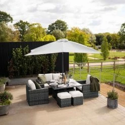 'Iris' Luxury Rattan 6 Seater Garden Sofa Set with Square Rising Table and Parasol in Stone by Primrose Living
