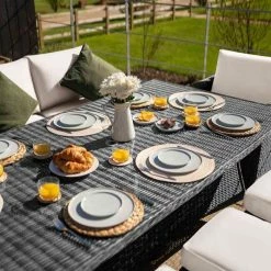 'Iris' Luxury Rattan 8 Seater Garden Sofa Set with Rectangular Table and Parasol in Stone by Primrose Living -Garden Furniture Shop fu102420 1 Table 69ae