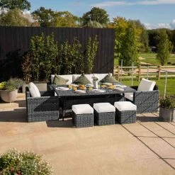 'Iris' Luxury Rattan 8 Seater Garden Sofa Set with Rectangular Table and Parasol in Stone by Primrose Living -Garden Furniture Shop fu102420 3 FullSetNoPara2 c56a