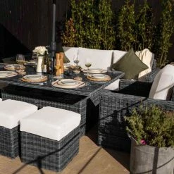 'Iris' Luxury Rattan 8 Seater Garden Sofa Set with Rectangular Rising Table in Stone by Primrose Living -Garden Furniture Shop fu102423 4 FootstoolTable 6e26