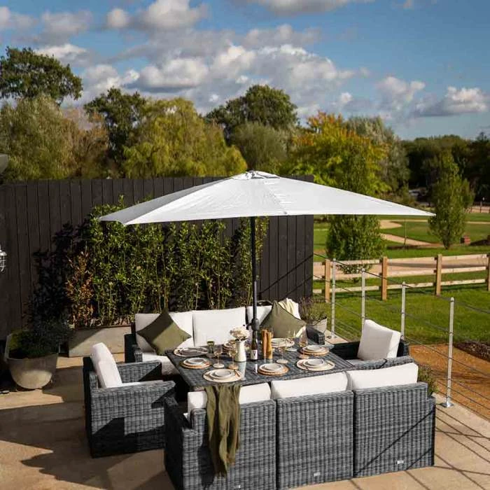 'Iris' Luxury Rattan 8 Seater Garden Sofa Set with Rectangular Rising Table and Parasol in Stone by Primrose Living 2 'Iris' Luxury Rattan 8 Seater Garden Sofa Set with Rectangular Rising Table and Parasol in Stone by Primrose Living - Image 2