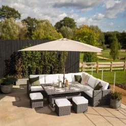 'Iris' Luxury Rattan 9 Seater Garden Sofa Set with Rectangular Rising Table and Parasol by Primrose Living