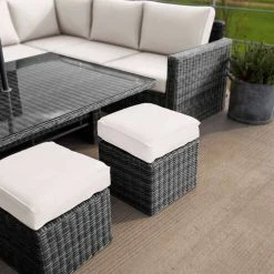 'Iris' Luxury Rattan 9 Seater Garden Sofa Set with Rectangular Rising Table and Parasol in Stone by Primrose Living -Garden Furniture Shop fu102431 1 Footstools c852