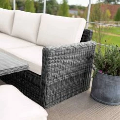 'Iris' Luxury Rattan 9 Seater Garden Sofa Set with Rectangular Rising Table and Parasol in Stone by Primrose Living -Garden Furniture Shop fu102431 2 SofaCorner 8a7f