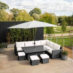 'Iris' Luxury Rattan 9 Seater Garden Sofa Set with Rectangular Rising Table and Parasol in Stone by Primrose Living -Garden Furniture Shop fu102431 3 FullSet3 c4d1