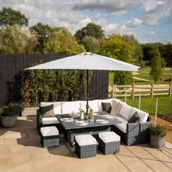 'Iris' Luxury Rattan 9 Seater Garden Sofa Set with Rectangular Rising Table and Parasol in Stone by Primrose Living