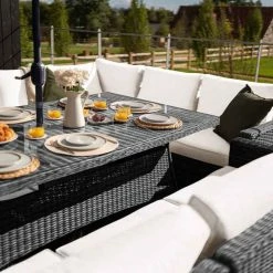 'Iris' Luxury Rattan 10 Seater Garden Sofa Set with Rectangular Table in Stone by Primrose Living -Garden Furniture Shop fu102435 4 TableSideSofaBack c1f9